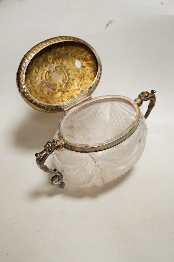A late Victorian silver mounted cut glass biscuit barrel Birmingham 1898, Plante & Co, the cut glass body cracked with repaired section, height 15cm